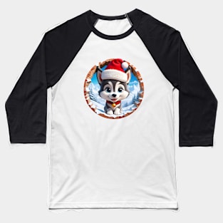 The Cute Christmas Dog Wearing Santa Hat Peeking Through The Hole In The Wall Baseball T-Shirt